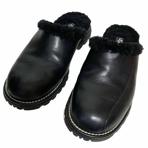 UGG Shoes Ugg Mules Shearling Lined Black Leather Clogs Slip On